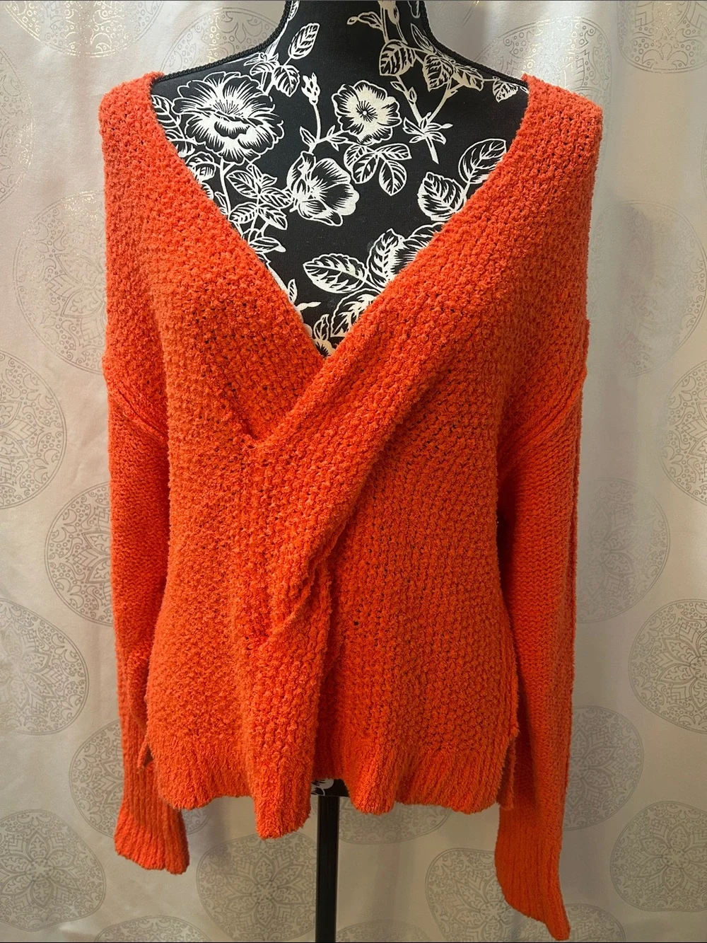Free People Coco V-neck Sweater Oversized Chunky Orange Fall Boho Women Medium M